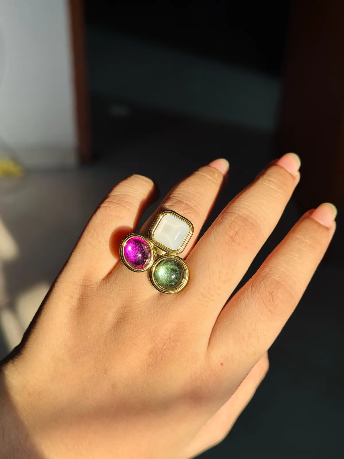 Stainless Steel Tri colour stone  ring Size-7